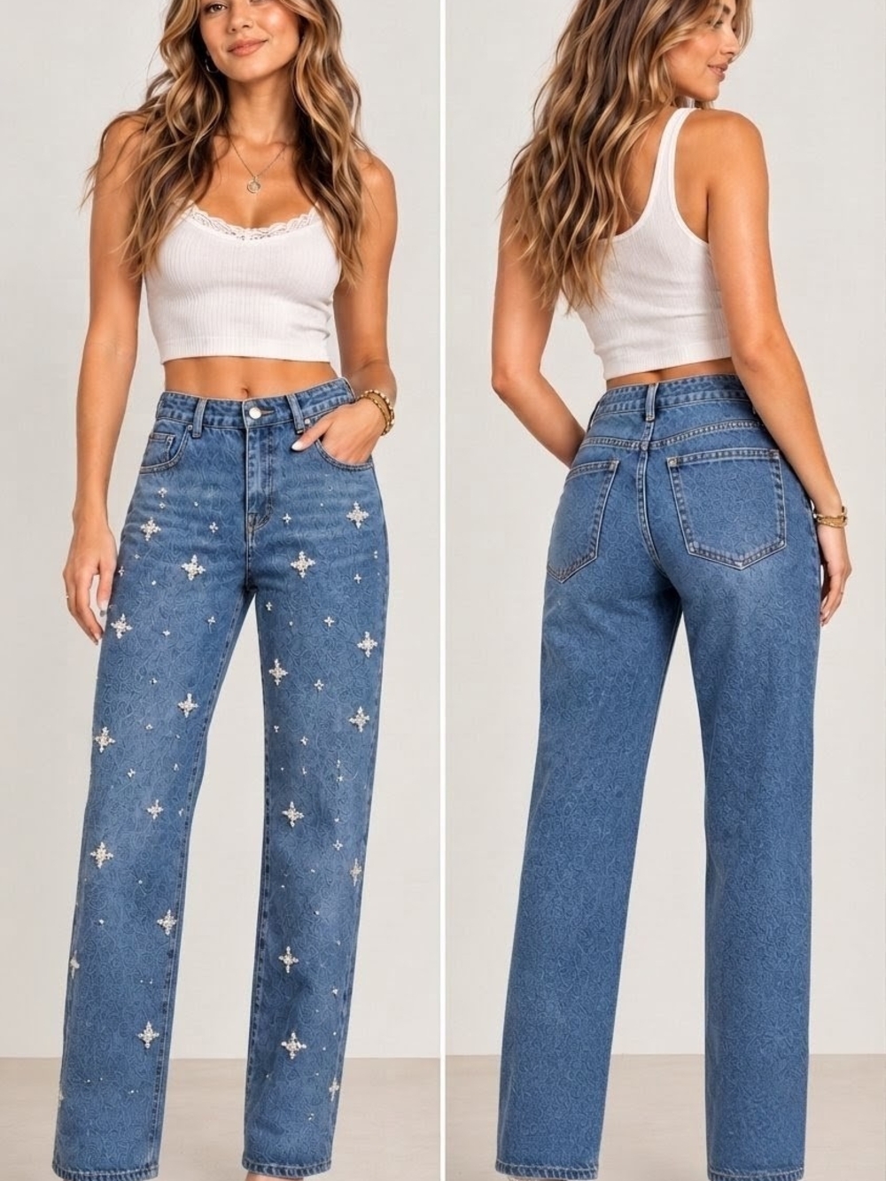 NWT Pearl Beaded Star Embellished Straight Leg Denim Jeans Sz 9 Medium Wash